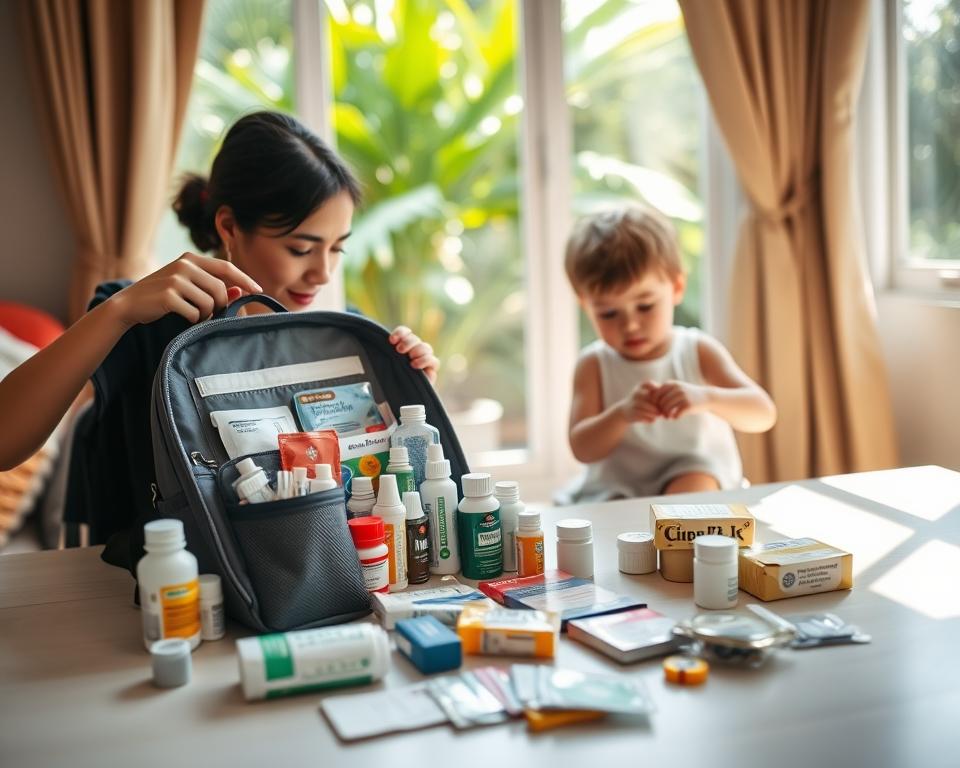 A serene scene depicting a family preparing a travel pharmacy for toddlers in a bright, sunlit room. In the foreground, a neatly organized travel medicine kit is open on a table, showcasing child-friendly medications, sunscreen, insect repellent, and first aid supplies. A mother, dressed in modest summer clothing, is seated beside the kit, attentively packing items into a small backpack while a curious toddler reaches for a colorful band-aid. In the background, a window reveals a glimpse of Thailand’s lush greenery, creating a vibrant and inviting atmosphere. Soft, warm lighting fills the room, emphasizing a sense of care and safety. The angle captures the mother and child engaging in a positive preparation experience, reinforcing the theme of health and travel readiness for families.