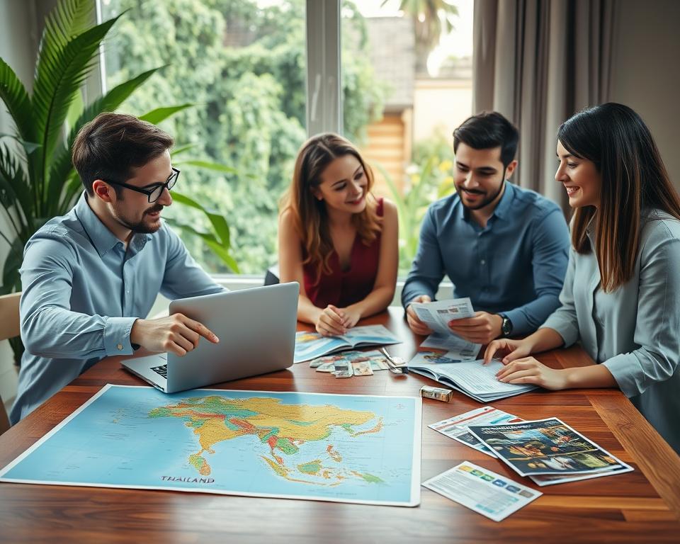A serene scene depicting a group planning a budget for a trip to Thailand, set around a wooden table. In the foreground, a diverse group of four individuals—two men and two women—are engaged in discussion, wearing smart casual attire. One person points to a colorful map of Thailand spread out on the table, while another examines a laptop displaying a budget spreadsheet. In the middle, scattered travel brochures and currency notes create a sense of excitement. The background features lush greenery and hints of Thailand's iconic architecture. Soft, warm lighting from a window casts a welcoming glow, enhancing the atmosphere of collaboration and joy in planning an adventurous group journey. The focal point captures the enthusiasm and care taken in budgeting for a memorable experience. A serene scene depicting a group planning a budget for a trip to Thailand, set around a wooden table. In the foreground, a diverse group of four individuals—two men and two women—are engaged in discussion, wearing smart casual attire. One person points to a colorful map of Thailand spread out on the table, while another examines a laptop displaying a budget spreadsheet. In the middle, scattered travel brochures and currency notes create a sense of excitement. The background features lush greenery and hints of Thailand's iconic architecture. Soft, warm lighting from a window casts a welcoming glow, enhancing the atmosphere of collaboration and joy in planning an adventurous group journey. The focal point captures the enthusiasm and care taken in budgeting for a memorable experience.