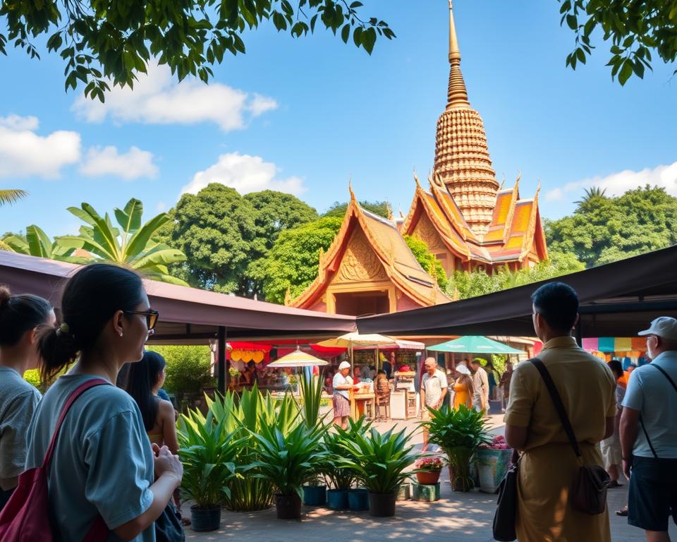A serene scene depicting cultural sensitivity in Thailand. In the foreground, a small group of diverse travelers, dressed in modest casual attire, are observing a traditional Thai ceremony with respect. In the middle, a vibrant marketplace filled with lush tropical plants and stalls showcasing local artisans, traditional Thai handicrafts, and colorful street food. The background features a stunning Buddhist temple with intricate architecture under clear blue skies, surrounded by richly green foliage. Soft, warm lighting enhances the inviting atmosphere, casting gentle shadows and highlighting the warmth of the community. The mood is harmonious and respectful, capturing the beauty of cultural exchange and appreciation. A serene scene depicting cultural sensitivity in Thailand. In the foreground, a small group of diverse travelers, dressed in modest casual attire, are observing a traditional Thai ceremony with respect. In the middle, a vibrant marketplace filled with lush tropical plants and stalls showcasing local artisans, traditional Thai handicrafts, and colorful street food. The background features a stunning Buddhist temple with intricate architecture under clear blue skies, surrounded by richly green foliage. Soft, warm lighting enhances the inviting atmosphere, casting gentle shadows and highlighting the warmth of the community. The mood is harmonious and respectful, capturing the beauty of cultural exchange and appreciation.
