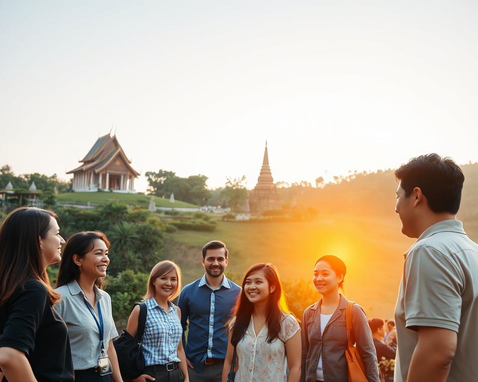 A serene scene in Thailand representing safety and health for group travelers. In the foreground, a diverse group of adults, dressed in professional casual attire, are gathered, smiling and looking relaxed while engaging in conversation, with traditional Thai architecture subtly visible behind them. The middle layer features a tranquil setting of lush greenery and traditional Thai elements like temples and statues, symbolizing the rich culture of Thailand. In the background, a clear sky transitions to a golden sunset, illuminating the landscape with warm, inviting light. The angle is slightly elevated, giving a comprehensive view of the harmony between the people and their surroundings. The mood is friendly and reassuring, evoking a sense of safety and community for travelers exploring this exotic destination. A serene scene in Thailand representing safety and health for group travelers. In the foreground, a diverse group of adults, dressed in professional casual attire, are gathered, smiling and looking relaxed while engaging in conversation, with traditional Thai architecture subtly visible behind them. The middle layer features a tranquil setting of lush greenery and traditional Thai elements like temples and statues, symbolizing the rich culture of Thailand. In the background, a clear sky transitions to a golden sunset, illuminating the landscape with warm, inviting light. The angle is slightly elevated, giving a comprehensive view of the harmony between the people and their surroundings. The mood is friendly and reassuring, evoking a sense of safety and community for travelers exploring this exotic destination.