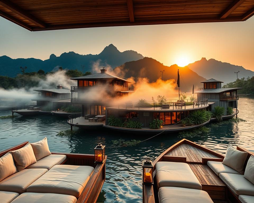 A serene scene of a floating hotel in Thailand, elegantly designed with wooden architecture, surrounded by lush greenery and the tranquil waters of the River Kwai. In the foreground, showcase comfortable rafts with soft seating areas and ambient lanterns, inviting guests to relax. In the middle ground, the floating hotel boasts open terraces and lush plants, partially obscured by gentle mist rising from the river. In the background, majestic mountains loom under a warm golden sunset, casting soft reflections on the water's surface. Capture the atmosphere of tranquility and adventure, with natural lighting that enhances the rich colors of the environment. Use a wide-angle lens perspective to emphasize the beauty of the setting.