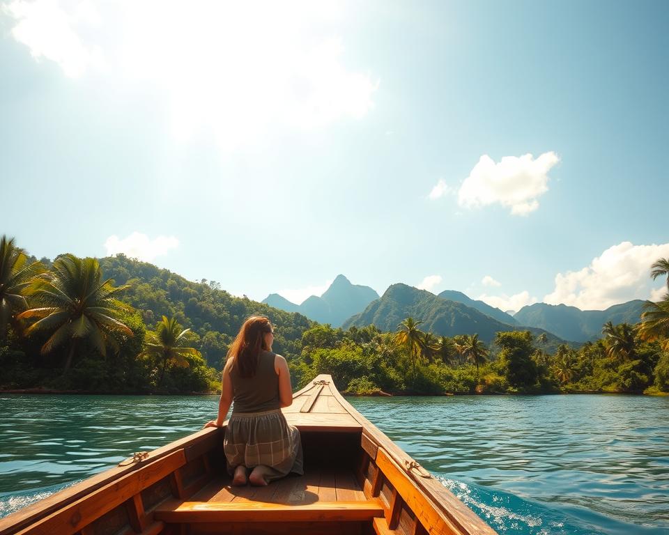 A serene scene of the River Kwai in Thailand, featuring a vibrant landscape. In the foreground, a wooden long-tail boat glides smoothly across the clear blue water, with a couple of tourists in modest casual clothing enjoying the view. The middle ground showcases lush green jungle hills, dotted with tropical trees and exotic plants, creating a sense of adventure. In the background, distant mountains rise majestically under a bright, sunny sky with fluffy white clouds. The lighting is warm and inviting, casting a golden hue over the scene, enhancing the peaceful atmosphere. The image is captured from a low angle, emphasizing the boat’s journey along the river, inviting viewers to immerse themselves in the natural beauty and tranquility of this idyllic location.