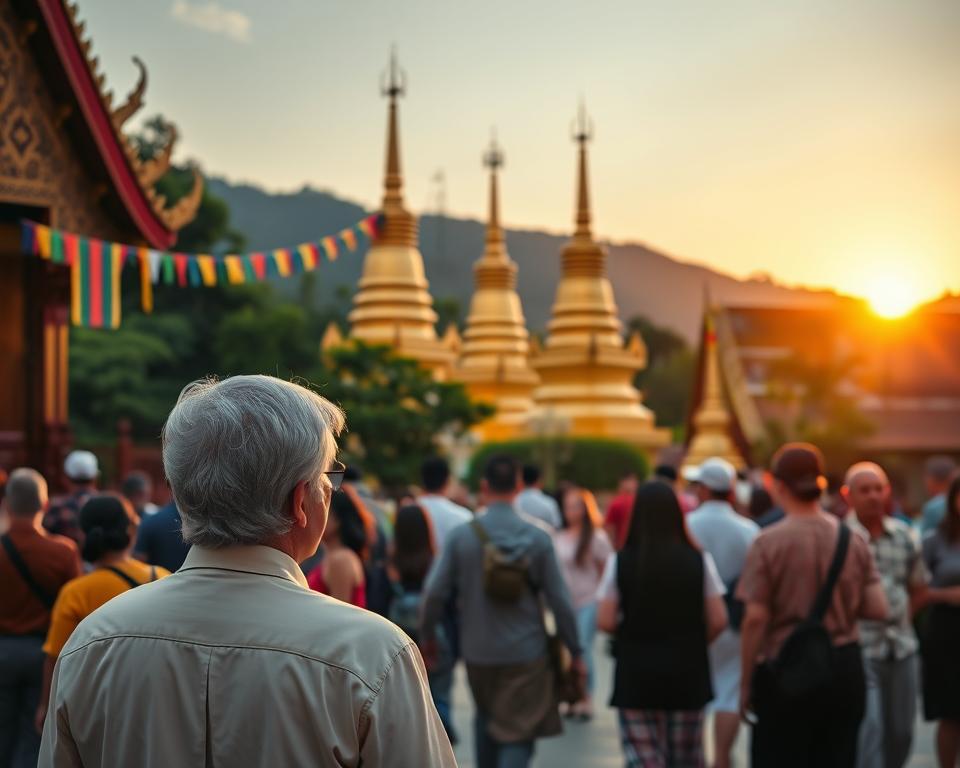 A serene scene set at Wat Phra That Doi Suthep, showcasing a diverse group of visitors in respectful attire as per temple dress code. In the foreground, a middle-aged couple, dressed in modest clothing, admires the intricate architecture of the temple. The middle ground features vibrant golden stupas adorned with colorful Buddhist flags and lush green foliage, creating a harmonious blend of culture and nature. In the background, the sun sets behind the hills, casting a warm, golden glow on the scene, highlighting the temple’s ornate details. The atmosphere is tranquil and respectful, emphasizing the importance of cultural appreciation in sacred spaces. Capture this moment with a soft focus lens to enhance the gentle interplay of light and shadows, evoking a peaceful ambiance.