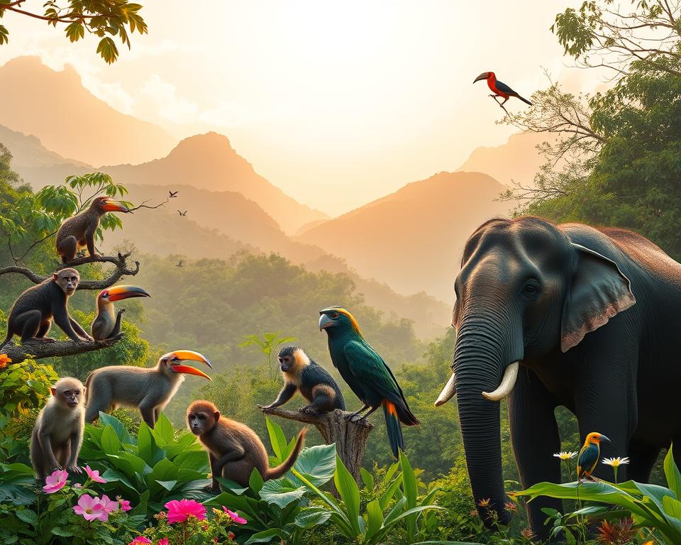 A serene scene showcasing the diverse wildlife of Khao Yai National Park in Thailand. In the foreground, a majestic Asian elephant stands gracefully, surrounded by lush green foliage and colorful flowers. To the left, a playful group of macaque monkeys curiously interact with their environment. In the middle ground, a vibrant array of tropical birds, such as hornbills and sunbirds, flit among the trees, capturing the richness of the park's biodiversity. The background features dense, mist-covered mountains under a soft golden sunlight that filters through the trees, creating a warm, inviting atmosphere. The scene is framed with a shallow depth of field to emphasize the wildlife, while keeping the colors vivid and bright, reflecting the enchantment and natural beauty of Khao Yai. A serene scene showcasing the diverse wildlife of Khao Yai National Park in Thailand. In the foreground, a majestic Asian elephant stands gracefully, surrounded by lush green foliage and colorful flowers. To the left, a playful group of macaque monkeys curiously interact with their environment. In the middle ground, a vibrant array of tropical birds, such as hornbills and sunbirds, flit among the trees, capturing the richness of the park's biodiversity. The background features dense, mist-covered mountains under a soft golden sunlight that filters through the trees, creating a warm, inviting atmosphere. The scene is framed with a shallow depth of field to emphasize the wildlife, while keeping the colors vivid and bright, reflecting the enchantment and natural beauty of Khao Yai.