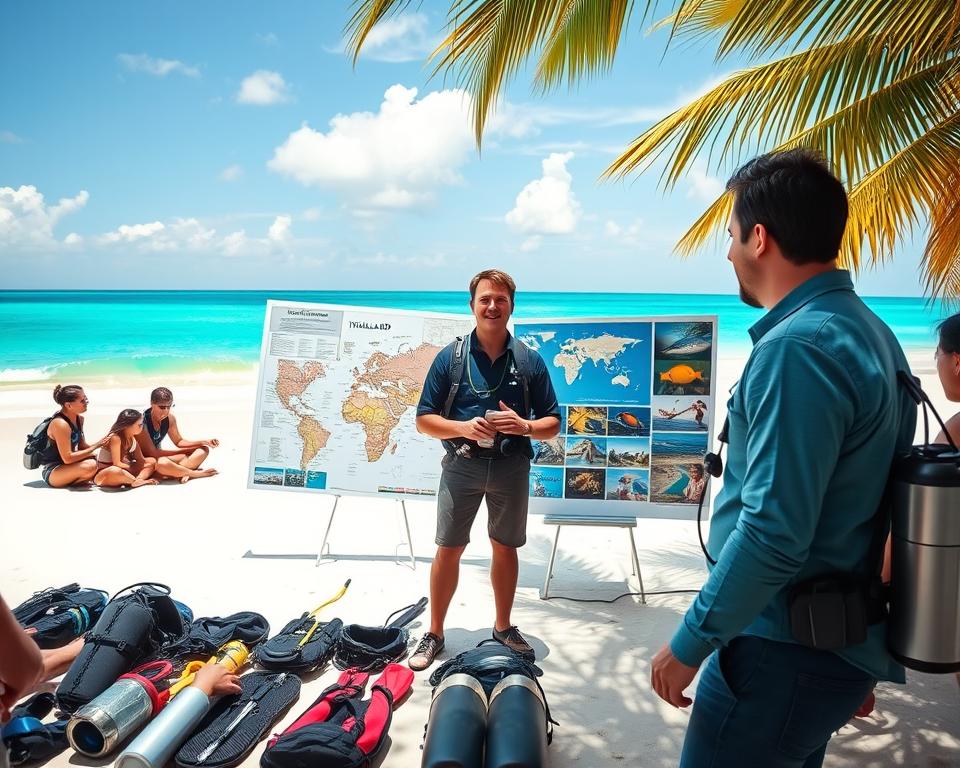 A serene tropical beach scene depicting a scuba diving course planning session. In the foreground, a confident diving instructor in a smart casual outfit is assisting a diverse small group of students, each with diving gear laid out beside them. The middle ground showcases a large world map marked with various diving spots in Thailand, alongside vibrant images of marine life. In the background, the turquoise ocean gently laps against powdery white sand under a sunny sky with a few fluffy clouds. The warm, inviting light creates a cheerful atmosphere, while the focus is on the excitement of learning and preparing for an unforgettable diving experience. Capture this in a bright, inviting lens angle that emphasizes both the instructor's guidance and the stunning natural beauty of the location. A serene tropical beach scene depicting a scuba diving course planning session. In the foreground, a confident diving instructor in a smart casual outfit is assisting a diverse small group of students, each with diving gear laid out beside them. The middle ground showcases a large world map marked with various diving spots in Thailand, alongside vibrant images of marine life. In the background, the turquoise ocean gently laps against powdery white sand under a sunny sky with a few fluffy clouds. The warm, inviting light creates a cheerful atmosphere, while the focus is on the excitement of learning and preparing for an unforgettable diving experience. Capture this in a bright, inviting lens angle that emphasizes both the instructor's guidance and the stunning natural beauty of the location.