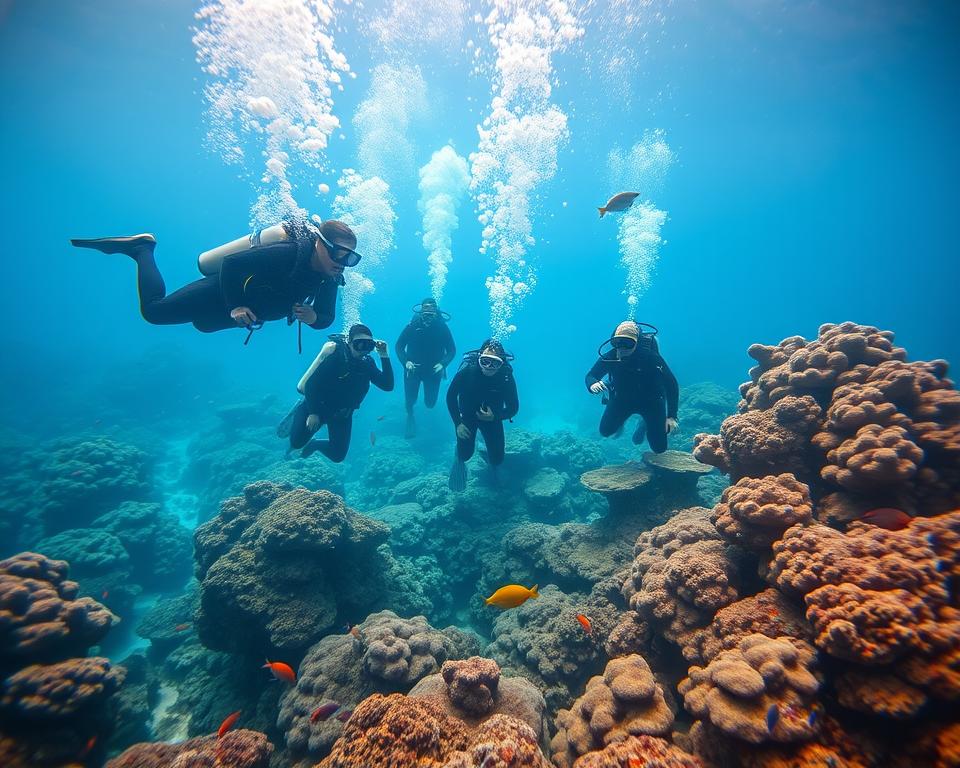 A serene underwater scene showcasing scuba diving in Thailand, featuring a diverse coral reef teeming with vibrant marine life, such as colorful fish and sea turtles. In the foreground, a group of scuba divers in professional, modest wetsuits are engaged in a training session, dispersing bubbles around them. In the middle ground, the coral formations are illuminated by gentle sunlight filtering through the water's surface, creating a warm and inviting atmosphere. The background reveals the tranquil blue of the ocean, enhancing the feeling of peace and adventure in this tropical diving destination. Use a wide-angle lens perspective to capture the expansive underwater environment, with bright, natural lighting to emphasize the vividness of the sea life and corals. The mood is exciting yet relaxed, perfect for illustrating an engaging diving course experience. A serene underwater scene showcasing scuba diving in Thailand, featuring a diverse coral reef teeming with vibrant marine life, such as colorful fish and sea turtles. In the foreground, a group of scuba divers in professional, modest wetsuits are engaged in a training session, dispersing bubbles around them. In the middle ground, the coral formations are illuminated by gentle sunlight filtering through the water's surface, creating a warm and inviting atmosphere. The background reveals the tranquil blue of the ocean, enhancing the feeling of peace and adventure in this tropical diving destination. Use a wide-angle lens perspective to capture the expansive underwater environment, with bright, natural lighting to emphasize the vividness of the sea life and corals. The mood is exciting yet relaxed, perfect for illustrating an engaging diving course experience.