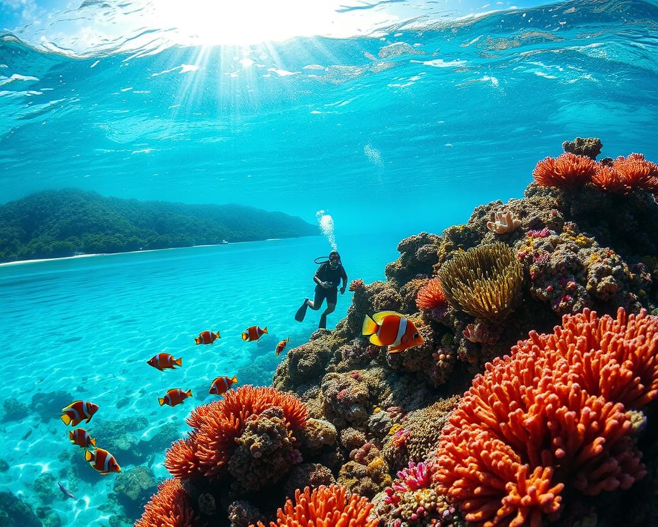 A serene underwater scene showcasing the stunning diving spots around Koh Tao, Thailand. In the foreground, a vibrant coral reef teems with colorful fish and marine life, including parrotfish and clownfish, swimming gracefully around the corals. In the middle ground, a scuba diver in modest diving gear explores the reef, capturing the serene interaction between nature and human adventurers. The background features crystal-clear turquoise waters illuminated by bright sunlight filtering through the surface, creating a dazzling play of light. Above the water, the lush green hills of Koh Tao can be seen, dotted with tranquil beaches. The atmosphere is peaceful and inviting, embodying the paradise-like essence of Koh Tao as a diver's and snorkeler's haven, with a focus on the beauty and biodiversity of the underwater world.