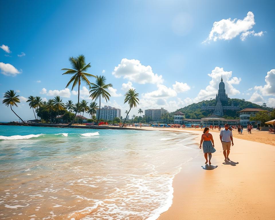 A serene view of Hua Hin, Thailand, showcasing a pristine beach with gentle waves lapping at the shore, bright turquoise waters, and soft golden sand in the foreground. A few people in modest casual clothing stroll along the beach, enjoying the sun and sea breeze. In the middle ground, a backdrop of lush palm trees sways gently, while luxurious beachfront hotels create an elegant skyline. The background features the majestic Huay Mong Kol Temple perched on a hill, bathed in warm afternoon sunlight, casting long shadows. The overall atmosphere is tranquil and inviting, with a bright blue sky dotted with fluffy white clouds, conveying the spirit of relaxation and exploration in this tropical paradise. Aim for a photographic realism, using a wide-angle lens perspective to capture the expanse of this idyllic location.