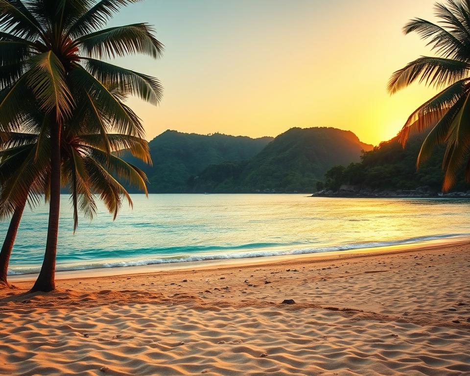 A serene view of Koh Lanta beach at sunset, showcasing soft golden sands in the foreground dotted with gently swaying coconut palm trees. In the middle, calm turquoise waters reflect the warm hues of the setting sun, creating a tranquil atmosphere. Scattered seashells and small rocks can be seen along the shoreline. In the background, lush green hills rise majestically, partly shrouded in a light mist, hinting at the island's natural beauty. The lighting is warm and inviting, capturing the essence of a peaceful evening on the island. The image should feel relaxing and idyllic, evoking a sense of escape from the hustle of mass tourism. Use a wide-angle lens to capture the expansive view of the beach and ocean, ensuring no people are present.