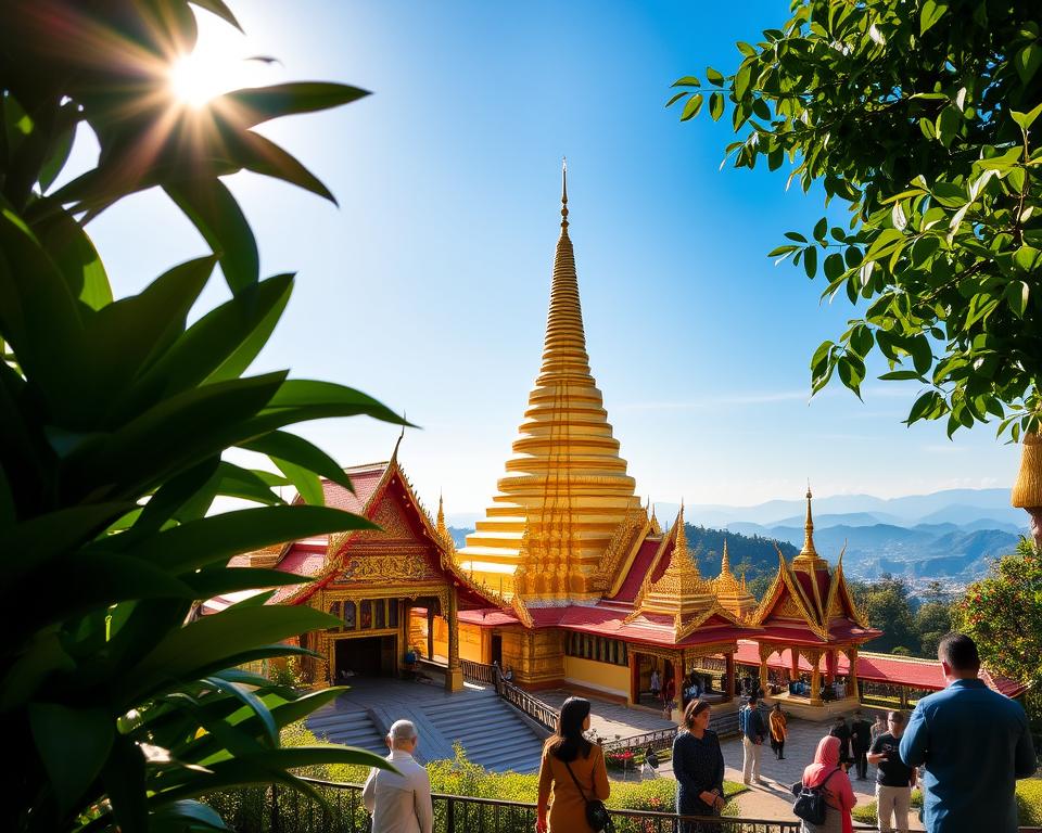 A serene view of Wat Phra That Doi Suthep temple in Chiang Mai, Thailand, showcasing its magnificent golden chedi shimmering in the sunlight. In the foreground, lush tropical greenery frames the temple, with a few visitors in modest clothing admiring the intricate architecture and vibrant decorations. The middle ground features ornate temple structures adorned with colorful murals and exquisite details symbolizing Buddhist culture. The background reveals a panoramic landscape of rolling hills under a clear blue sky, providing depth to the scene. The lighting is warm and inviting, highlighting the temple's brilliance, while capturing the tranquil atmosphere of spiritual rituals and ceremonies happening around the site. The perspective is from a slightly elevated angle, inviting viewers into this cultural treasure.