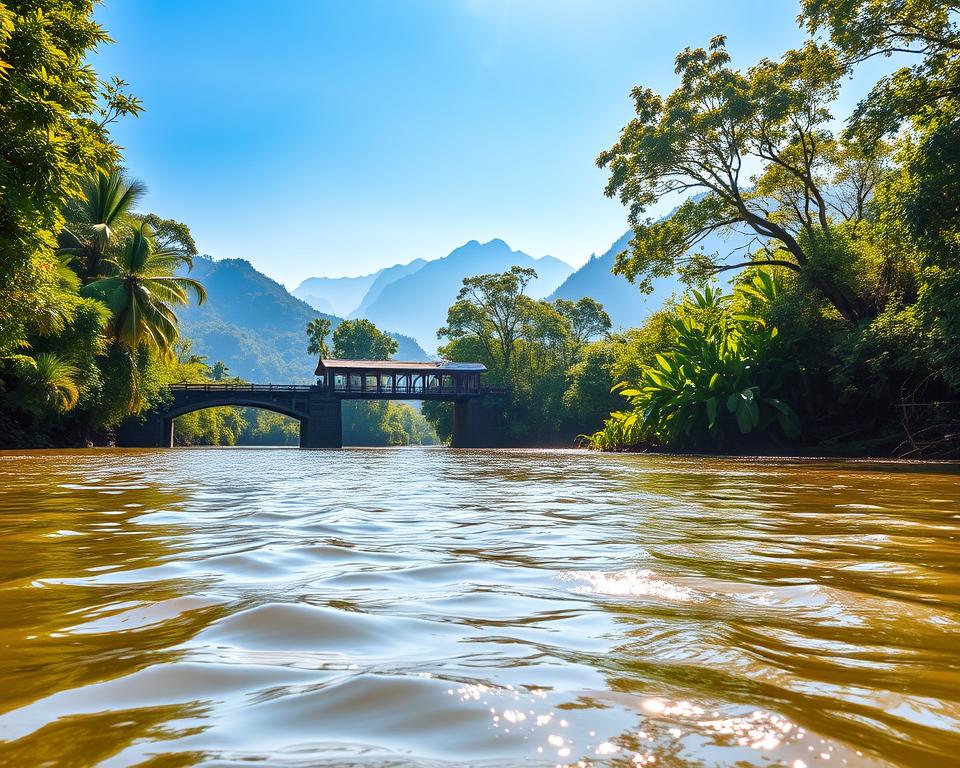 A serene view of the River Kwai during the best travel season, showcasing lush greenery along the banks. In the foreground, gently rippling water reflects the sunlight, glistening like diamonds. Midground features the iconic wooden bridge arching over the river, surrounded by vibrant tropical plants and trees in full bloom, their leaves rich with shades of green. In the background, misty mountains loom under a clear blue sky, creating a harmonious balance between earth and sky. The lighting is warm and inviting, suggesting a perfect day for exploration. The scene evokes tranquility and a sense of adventure, highlighting the natural beauty of this unique destination in Thailand. The image should be captured with a wide-angle lens to emphasize the sweeping landscape, inviting viewers to immerse themselves in the atmosphere.