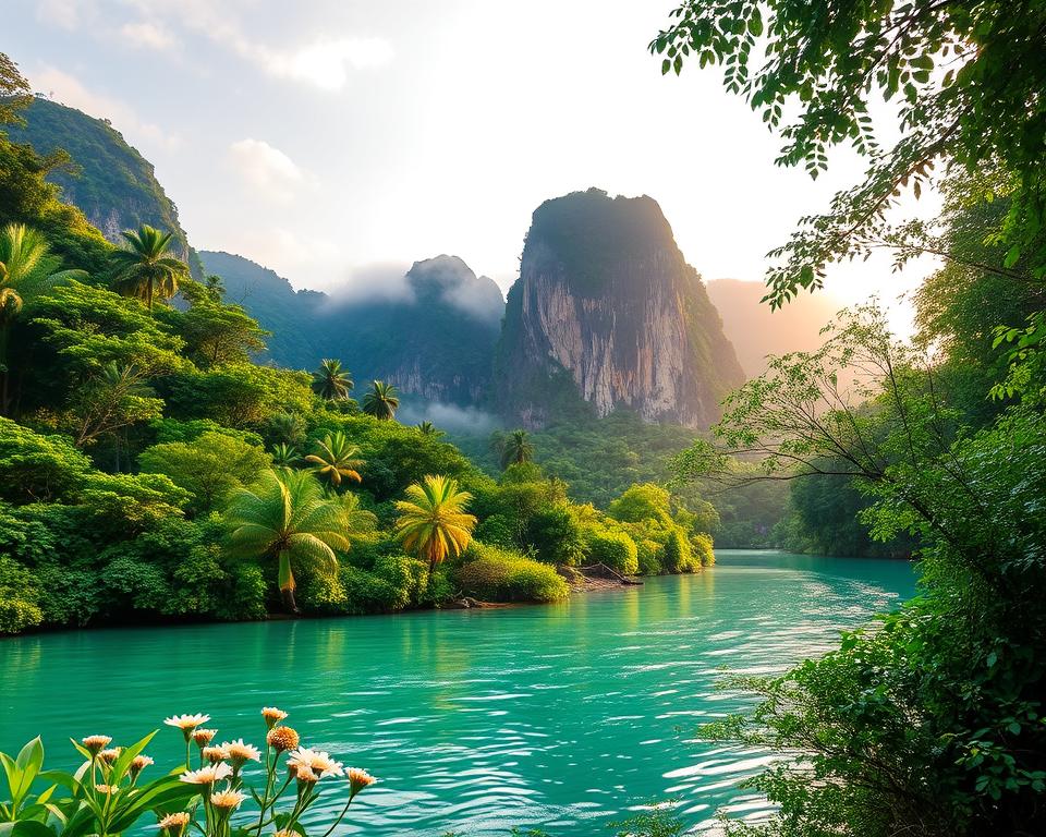 A serene view of the River Kwai, showcasing the lush jungle landscape and towering limestone cliffs. In the foreground, a clear turquoise river flows gently, bordered by vibrant greenery and delicate wildflowers. In the middle ground, dense tropical vegetation rises, with various shades of green creating a rich tapestry. Large limestone rock formations punctuate the scene, partially shrouded in mist to enhance their grandeur. In the background, the sky is softly illuminated by the warm glow of the early morning sun, casting gentle reflections on the water's surface. The atmosphere is tranquil and inviting, evoking a sense of peace and natural beauty, perfect for an escape from bustling crowds. The perspective captures the essence of remote wilderness, highlighting the raw elegance of this enchanting location.
