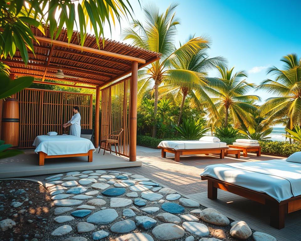 A serene wellness retreat in Hua Hin, Thailand, featuring a tranquil outdoor spa area surrounded by lush tropical gardens. In the foreground, a stone pathway adorned with smooth pebbles leads to a bamboo massage pavilion, where a therapist in professional attire is preparing for a massage. The middle ground showcases luxurious wooden treatment beds with soft white linens, bathed in warm, golden sunlight filtering through the leaves. In the background, palm trees sway gently in the breeze against a clear blue sky, enhancing the calm atmosphere. The scene is infused with a sense of relaxation, inviting viewers to envision a lavish escape dedicated to wellness and tranquility, captured in a soft-focus style to evoke a peaceful mood.