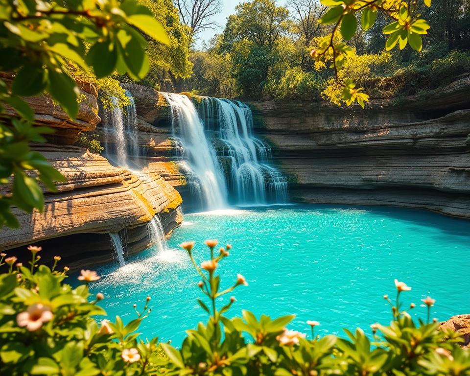 A stunning depiction of the Erawan Waterfalls in Thailand, showcasing its cascading turquoise waters flowing gracefully over layered limestone rock formations. In the foreground, vibrant green foliage frames the scene, with delicate wildflowers peeking through the underbrush. The middle ground features the waterfall itself, cascading into clear turquoise pools, reflecting the sunlight that filters through the lush canopy above. In the background, towering trees provide a sense of depth and immersion. The scene is bathed in warm, natural sunlight, giving it an inviting, serene atmosphere. Capture this breathtaking landscape from a slightly elevated angle, emphasizing the height of the waterfalls and the shimmering water below, conveying the beauty and tranquility of this natural wonder.