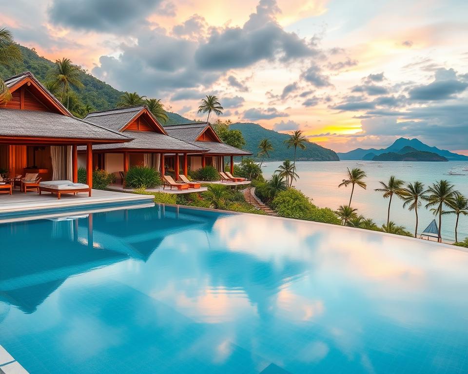 A stunning luxury resort on a picturesque Thai island, featuring elegant bungalows surrounded by lush tropical gardens and crystal-clear turquoise waters. In the foreground, showcase an infinity pool with a serene view of the ocean, reflecting the vibrant sunset colors. The middle ground includes beautifully designed thatched-roof villas with large balconies, adorned with comfortable loungers. In the background, gentle hills covered in coconut palms and the distant silhouette of other islands create a tranquil atmosphere. Soft, warm lighting enhances the inviting feel, with a hint of golden hour glow. Aim for a peaceful, dreamy mood that captures the essence of paradise, emphasizing relaxation and luxury. No people are present in the image, ensuring a focus on the resort's stunning environment.