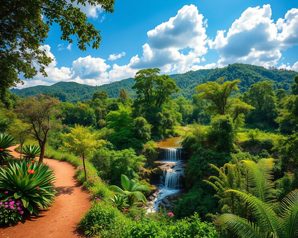 A stunning view of Khao Yai National Park in Thailand, showcasing a lush, vibrant landscape. In the foreground, a serene walking trail lined with diverse tropical plants and colorful flowers. In the middle ground, a gentle waterfall cascading over rocky formations, surrounded by verdant trees and ferns that create a tranquil atmosphere. The background reveals rolling hills blanketed in rich greenery, under a bright blue sky with fluffy white clouds. Soft, golden sunlight filters through the leaves, casting dappled shadows on the ground. Capture the essence of tranquility and natural beauty in this picturesque scene, emphasizing the park's biodiversity and stunning scenery, with a wide-angle lens perspective to enhance depth. A stunning view of Khao Yai National Park in Thailand, showcasing a lush, vibrant landscape. In the foreground, a serene walking trail lined with diverse tropical plants and colorful flowers. In the middle ground, a gentle waterfall cascading over rocky formations, surrounded by verdant trees and ferns that create a tranquil atmosphere. The background reveals rolling hills blanketed in rich greenery, under a bright blue sky with fluffy white clouds. Soft, golden sunlight filters through the leaves, casting dappled shadows on the ground. Capture the essence of tranquility and natural beauty in this picturesque scene, emphasizing the park's biodiversity and stunning scenery, with a wide-angle lens perspective to enhance depth.