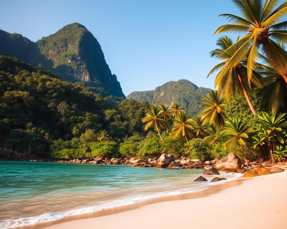 A stunning view of Koh Chang National Park, Thailand, showcasing the lush, dense jungle and vibrant greenery. In the foreground, include a serene beach with soft, white sand and gently lapping turquoise waves, dotted with smooth stones. The middle ground features towering palm trees and exotic foliage, with hints of wildlife peeking through, like a colorful parrot or a curious monkey. In the background, dramatic green mountains rise under a clear blue sky. The lighting is warm and golden, suggesting late afternoon, casting soft shadows. The atmosphere is tranquil and inviting, perfect for an adventure in nature, captured with a wide-angle lens to enhance the expansive beauty of this tropical paradise.