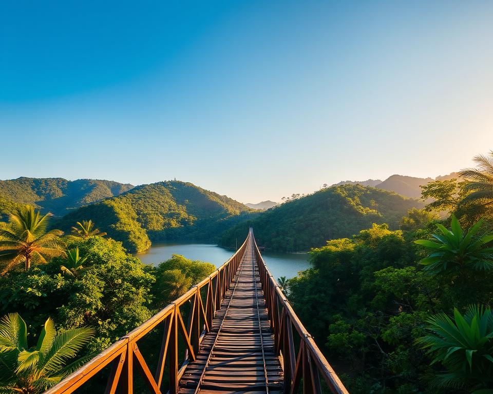 A stunning view of the iconic Bridge over the River Kwai, set against a backdrop of lush green hills under a clear blue sky. In the foreground, the detailed structure of the bridge is highlighted, showcasing its intricate wooden and steel design. The middle ground features the tranquil waters of the River Kwai, reflecting the sunlight, creating a serene atmosphere. In the background, a vibrant jungle landscape encircles the river, with dense trees and tropical plants rich in various shades of green. Soft golden light filters through the foliage, illuminating the scene in the late afternoon. The overall mood is peaceful yet evocative, capturing the blend of beauty and historical significance of this renowned site.
