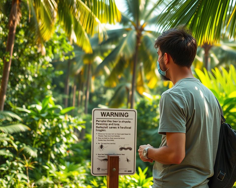 A tropical landscape in Thailand featuring a vibrant, lush jungle as the background, showcasing dense greenery and towering palm trees. In the foreground, a cautious tourist dressed in modest casual clothing examines a warning sign about local wildlife, with a focus on safety precautions. The mid-ground includes some common dangerous animals like snakes and insects depicted in a non-threatening manner, subtly integrated into the environment. The scene is lit by soft, warm sunlight filtering through the leaves, creating dappled shadows on the ground. Capture this moment from a slightly elevated angle to emphasize the tourist's attentiveness while ensuring the mood remains informative and reflective of a safe outdoor experience.