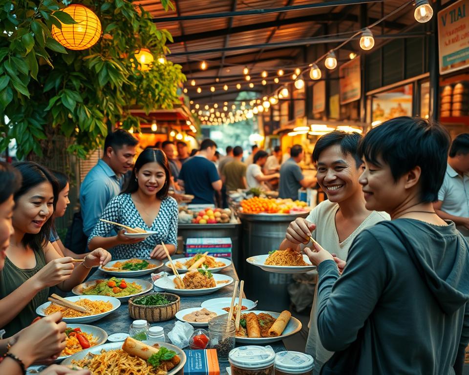 A vibrant Thai street food scene, capturing an outdoor market bustling with energy. In the foreground, a group of diverse people enjoying a feast of colorful dishes like Pad Thai, green curry, and fresh spring rolls, dressed in modest casual clothing. The middle ground showcases stalls laden with fresh fruits, spices, and traditional Thai sweets, with vendors smiling and interacting with customers. The background features lush green foliage typical of a Thai environment and warm string lights illuminating the market as the sun sets, creating a welcoming and festive atmosphere. The image should evoke a sense of joy, exploration, and cultural richness, with soft, warm lighting to enhance the inviting mood. Shot from a slightly elevated angle to capture the depth of the market scene. A vibrant Thai street food scene, capturing an outdoor market bustling with energy. In the foreground, a group of diverse people enjoying a feast of colorful dishes like Pad Thai, green curry, and fresh spring rolls, dressed in modest casual clothing. The middle ground showcases stalls laden with fresh fruits, spices, and traditional Thai sweets, with vendors smiling and interacting with customers. The background features lush green foliage typical of a Thai environment and warm string lights illuminating the market as the sun sets, creating a welcoming and festive atmosphere. The image should evoke a sense of joy, exploration, and cultural richness, with soft, warm lighting to enhance the inviting mood. Shot from a slightly elevated angle to capture the depth of the market scene.