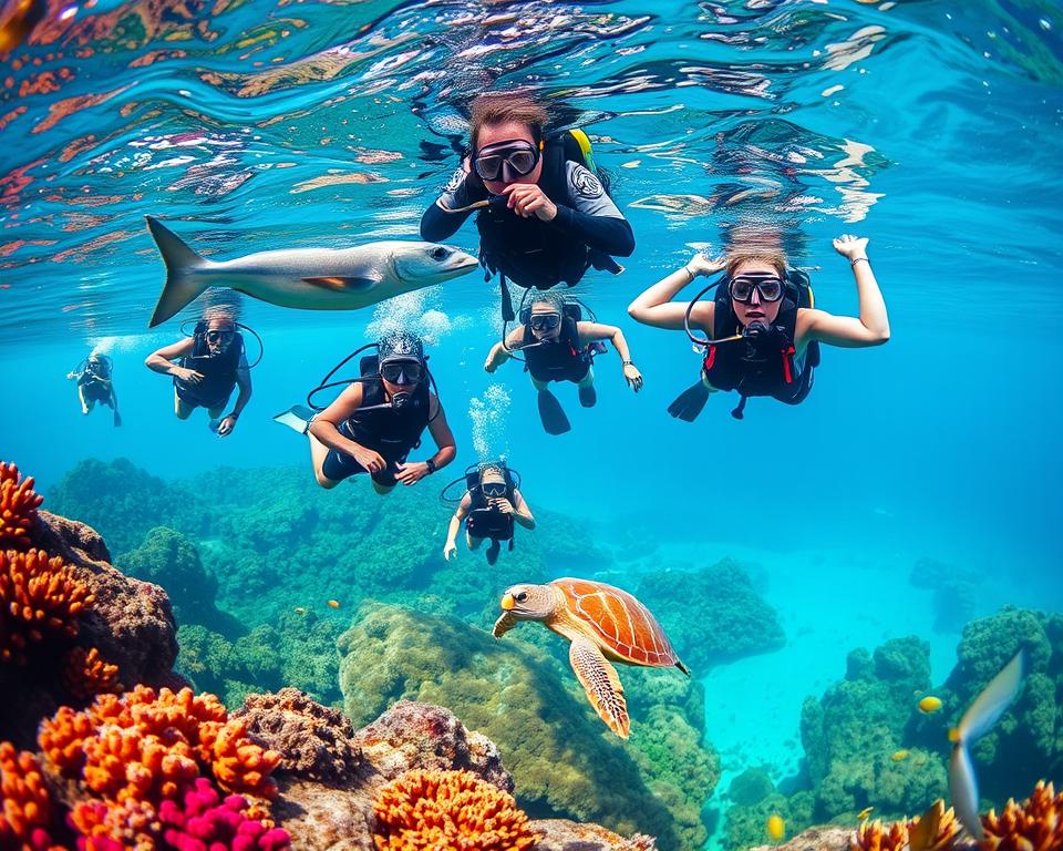 A vibrant and inviting underwater scene showcasing the essence of PADI Open Water diving in Thailand. In the foreground, a diverse group of certified divers, wearing professional diving gear, explore a colorful coral reef teeming with marine life, such as tropical fish and sea turtles. The middle ground features clear turquoise waters illuminated by soft sunlight filtering down from the surface, enhancing the colors of the corals. In the background, a scenic view of a picturesque Thai coastline with lush green hills and gentle waves complements the underwater action. The atmosphere exudes a sense of adventure, tranquility, and the beauty of nature. The image is captured from a slightly angled perspective, emphasizing both the divers and the vibrant marine environment, while maintaining crystal-clear visibility. A vibrant and inviting underwater scene showcasing the essence of PADI Open Water diving in Thailand. In the foreground, a diverse group of certified divers, wearing professional diving gear, explore a colorful coral reef teeming with marine life, such as tropical fish and sea turtles. The middle ground features clear turquoise waters illuminated by soft sunlight filtering down from the surface, enhancing the colors of the corals. In the background, a scenic view of a picturesque Thai coastline with lush green hills and gentle waves complements the underwater action. The atmosphere exudes a sense of adventure, tranquility, and the beauty of nature. The image is captured from a slightly angled perspective, emphasizing both the divers and the vibrant marine environment, while maintaining crystal-clear visibility.