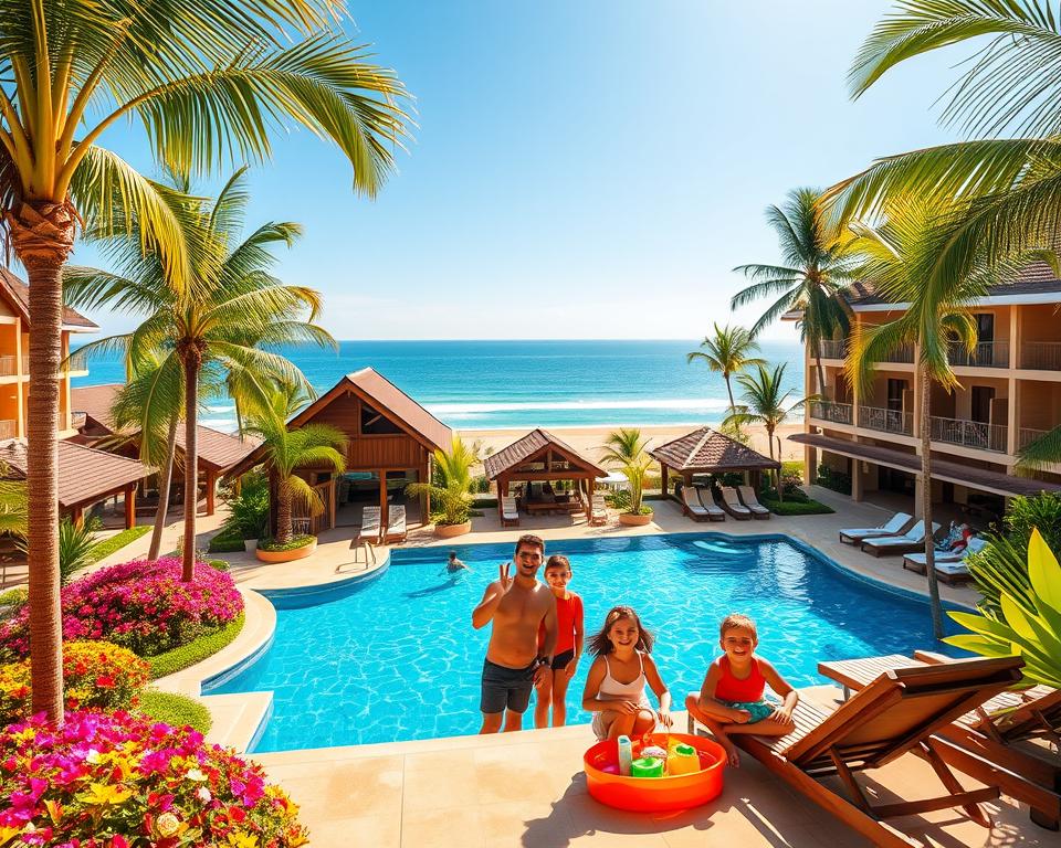 A vibrant family-friendly hotel in Thailand, showcasing lush tropical gardens with colorful flowers and palm trees. In the foreground, a cheerful family of four, dressed in modest casual clothing, enjoys time together by a sparkling swimming pool. The parents relax on sun loungers while two young children play with beach toys nearby. In the middle ground, the hotel structure features traditional Thai architecture with wooden accents and thatched roofs, seamlessly blending with the natural surroundings. The background displays a serene beach with gentle waves lapping at the shore under a bright blue sky. The scene is bathed in warm, golden sunlight, creating a welcoming and relaxed vacation atmosphere, ideal for families traveling with young children.