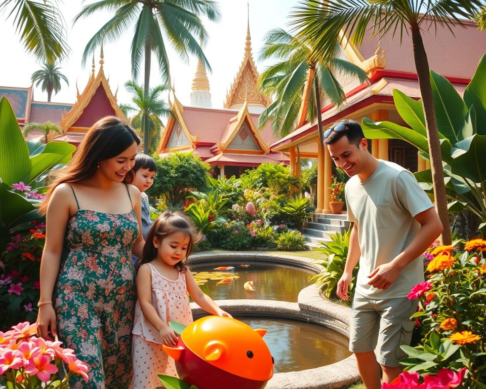 A vibrant family scene in Thailand, featuring a mother and father with two young children, exploring a lush tropical garden filled with colorful flowers and palm trees. The foreground displays the family joyfully interacting, the children playing with a traditional Thai toy, dressed in comfortable summer clothing. In the middle ground, a small pond with koi fish adds charm, while the background showcases striking Thai architecture, including ornate golden rooftops visible through the greenery. The scene is bathed in warm, golden sunlight, creating a cheerful and inviting atmosphere. Shot with a wide-angle lens to capture the essence of family bonding amid Thailand's natural beauty.