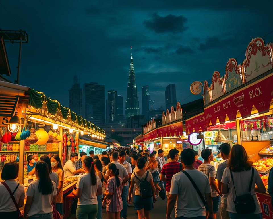 A vibrant night market in Bangkok, alive with energy and color. In the foreground, a bustling stall adorned with warm, glowing fairy lights offers an array of exotic street foods and colorful souvenirs. Diverse people, dressed in modest casual clothing, eagerly participate in the lively atmosphere, capturing moments with their cameras. In the middle ground, an array of beautifully lit stalls showcases handmade crafts and delicious delicacies, creating a rich tapestry of textures and hues. The background features the iconic silhouette of Bangkok's skyline, partially framed by decorative market banners, under a darkening sky that hints at the magic of the night. The scene is illuminated by the soft, golden glow of market lights, evoking a sense of warmth and excitement. The angle captures a slight upward perspective, enhancing the towering buildings and vibrant market.