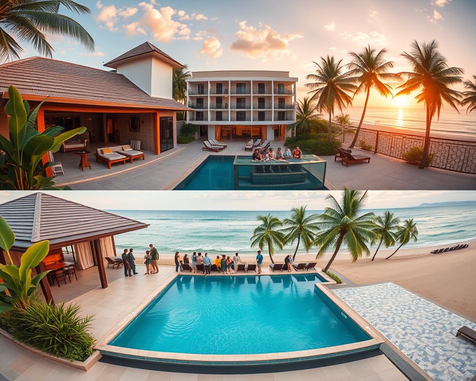 A vibrant scene capturing various accommodation options in Thailand suitable for groups. In the foreground, showcase a cozy villa with a large communal outdoor area and swimming pool, surrounded by lush tropical plants. In the middle, depict a modern hotel with spacious balconies and inviting lounge spaces, featuring groups of diverse travelers enjoying their stay in professional casual attire. In the background, illustrate a serene beach with soft waves, palm trees swaying gently in the breeze, and the sun setting, casting warm golden light over the scene. Use a wide-angle lens to create an expansive view, emphasizing the inviting atmosphere and the sense of adventure. Convey an overall mood of relaxation and excitement, perfect for group travels. A vibrant scene capturing various accommodation options in Thailand suitable for groups. In the foreground, showcase a cozy villa with a large communal outdoor area and swimming pool, surrounded by lush tropical plants. In the middle, depict a modern hotel with spacious balconies and inviting lounge spaces, featuring groups of diverse travelers enjoying their stay in professional casual attire. In the background, illustrate a serene beach with soft waves, palm trees swaying gently in the breeze, and the sun setting, casting warm golden light over the scene. Use a wide-angle lens to create an expansive view, emphasizing the inviting atmosphere and the sense of adventure. Convey an overall mood of relaxation and excitement, perfect for group travels.