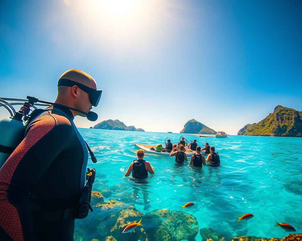 A vibrant scene depicting a tropical diving environment in Thailand, featuring a beautifully clear blue ocean teeming with colorful marine life, such as coral reefs and schools of fish. In the foreground, a professional diving instructor in a wetsuit, engaged with a small group of novice divers, all equipped with diving gear. The middle ground showcases a dive boat anchored nearby with dive equipment neatly arranged. In the background, lush green islands rise against a bright, sunny sky, creating a serene atmosphere. The sunlight sparkles on the water’s surface, casting playful reflections. The image should be captured from a slight aerial angle to encompass both the underwater spectacle and the energetic interaction among the divers, evoking a sense of adventure and exploration. A vibrant scene depicting a tropical diving environment in Thailand, featuring a beautifully clear blue ocean teeming with colorful marine life, such as coral reefs and schools of fish. In the foreground, a professional diving instructor in a wetsuit, engaged with a small group of novice divers, all equipped with diving gear. The middle ground showcases a dive boat anchored nearby with dive equipment neatly arranged. In the background, lush green islands rise against a bright, sunny sky, creating a serene atmosphere. The sunlight sparkles on the water’s surface, casting playful reflections. The image should be captured from a slight aerial angle to encompass both the underwater spectacle and the energetic interaction among the divers, evoking a sense of adventure and exploration.