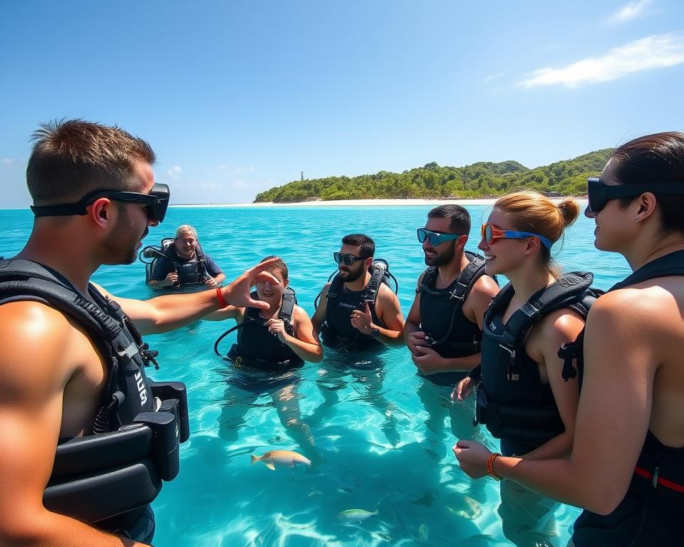 A vibrant scene depicting an open water diving course in Thailand, showcasing a group of diverse, fully-clothed individuals engaged in a professional diving training. In the foreground, a well-equipped instructor highlights essential diving techniques to attentive students, all wearing safety gear and dive tanks, embodying focus and teamwork. The middle ground features clear, turquoise waters with tropical fish and coral reefs visible beneath the surface, capturing the beauty of the underwater environment. In the background, the picturesque coastline of Thailand with lush greenery and soft sandy beaches under a bright blue sky conveys tranquility and natural beauty. The lighting is bright and sunny, enhancing the clarity of the scene while creating a lively atmosphere perfect for an exciting diving adventure. A vibrant scene depicting an open water diving course in Thailand, showcasing a group of diverse, fully-clothed individuals engaged in a professional diving training. In the foreground, a well-equipped instructor highlights essential diving techniques to attentive students, all wearing safety gear and dive tanks, embodying focus and teamwork. The middle ground features clear, turquoise waters with tropical fish and coral reefs visible beneath the surface, capturing the beauty of the underwater environment. In the background, the picturesque coastline of Thailand with lush greenery and soft sandy beaches under a bright blue sky conveys tranquility and natural beauty. The lighting is bright and sunny, enhancing the clarity of the scene while creating a lively atmosphere perfect for an exciting diving adventure.