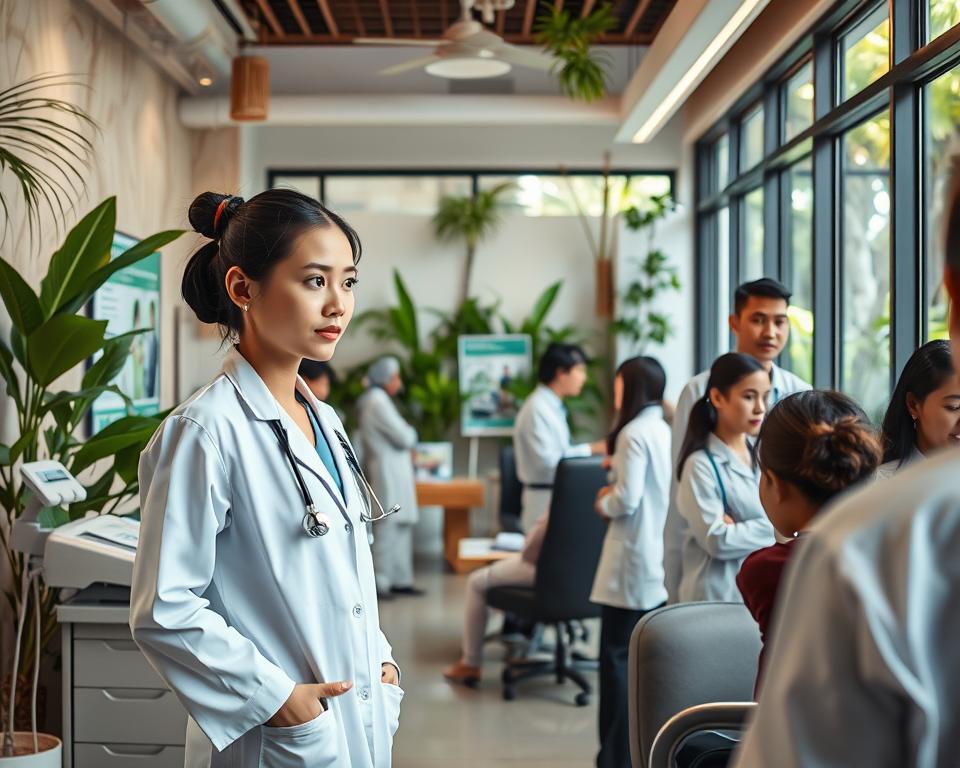 A vibrant scene depicting medical care in Thailand, centered in a busy clinic setting. In the foreground, a professional female doctor in a white coat, wearing modest clothing, examines a patient, demonstrating attentive care. In the middle, various medical equipment and posters highlighting health information are visible, suggesting a well-equipped facility. The background features traditional Thai decor blended with modern medical elements, such as a wall adorned with lush tropical plants and a view of a serene outdoor garden. The lighting is bright and inviting, with soft natural light filtering through large windows. The atmosphere is calm yet busy, conveying a sense of reassurance and professionalism in healthcare.