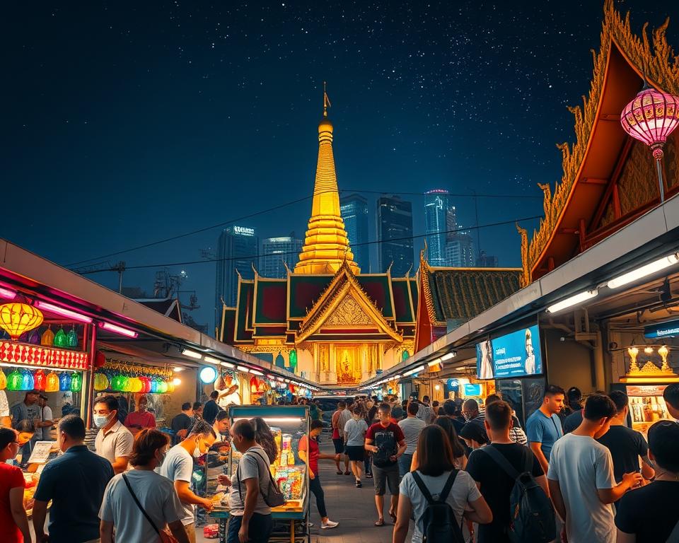 A vibrant scene depicting the Bangkok night market, showcasing a bustling atmosphere filled with colorful stalls adorned with decorative lights. In the foreground, a diverse group of people in casual attire are engaging with local vendors, sampling street food, and examining handmade crafts. The middle section features traditional temples illuminated with soft golden lights, reflecting their cultural significance. In the background, a stunning rooftop view gives a glimpse of Bangkok's skyline, with modern skyscrapers under the starry night sky. The image is captured with a wide-angle lens, emphasizing the dynamic interplay of lights, people, and architecture. The mood is lively, inviting, and filled with the promise of evening adventures.