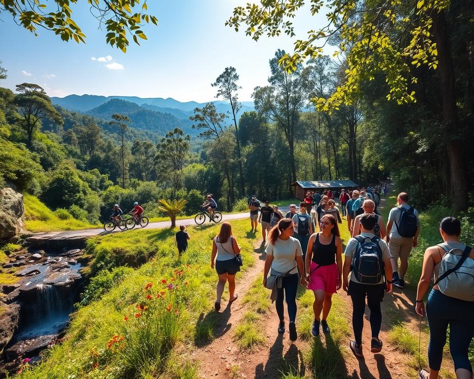 A vibrant scene in Khao Yai National Park, Thailand, showcasing a wide range of outdoor activities. In the foreground, a group of diverse tourists in modest casual clothing is hiking along a scenic trail, surrounded by lush greenery and colorful wildflowers. In the middle ground, a bicycle path winds through the forest, with cyclists enjoying the fresh air. To the left, a serene waterfall cascades down rocks, with people taking photos. The background is filled with towering trees and distant mountains under a bright blue sky, creating a sense of adventure and exploration. Soft, warm sunlight filters through the leaves, casting dappled shadows on the trail, conveying an atmosphere of tranquility and excitement. The scene should have a crisp, natural look as if captured with a 50mm lens at an eye-level angle. A vibrant scene in Khao Yai National Park, Thailand, showcasing a wide range of outdoor activities. In the foreground, a group of diverse tourists in modest casual clothing is hiking along a scenic trail, surrounded by lush greenery and colorful wildflowers. In the middle ground, a bicycle path winds through the forest, with cyclists enjoying the fresh air. To the left, a serene waterfall cascades down rocks, with people taking photos. The background is filled with towering trees and distant mountains under a bright blue sky, creating a sense of adventure and exploration. Soft, warm sunlight filters through the leaves, casting dappled shadows on the trail, conveying an atmosphere of tranquility and excitement. The scene should have a crisp, natural look as if captured with a 50mm lens at an eye-level angle.