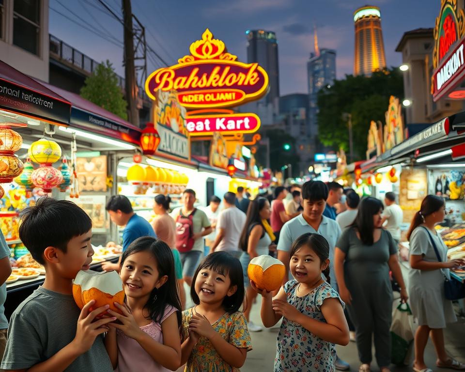 A vibrant scene of a lively night market in Bangkok, bustling with families and children exploring various colorful stalls. In the foreground, a young family is enjoying coconut ice cream, with children laughing and pointing at a vendor selling colorful toys. In the middle ground, we see diverse stalls filled with delicious street food, glowing lanterns, and intricate crafts. The background showcases the market's illuminated signage and a hint of glowing city skyline under a dusky sky. Soft, warm lighting adds a magical atmosphere, evoking excitement and joy. The scene captures the essence of togetherness, adventure, and relaxation, perfect for a memorable night out in Bangkok.
