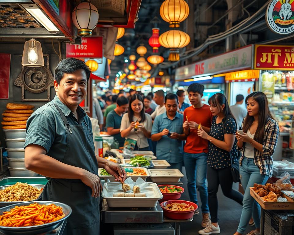 A vibrant street food scene in Bangkok at night, focusing on a clean and hygienic food stall bustling with activity. In the foreground, a friendly vendor in a neat apron prepares fresh ingredients, showcasing colorful, well-organized dishes like Pad Thai and spring rolls. The middle ground features a diverse group of people—families and friends—enjoying their meals and interacting with the vendor, all dressed in modest casual clothing. The background reveals a beautifully lit night market with colorful lanterns and food stalls, creating an inviting atmosphere. Use warm, inviting lighting to enhance the scene’s lively mood, captured from a slightly elevated angle to provide a dynamic view of the action and energy of Bangkok’s night food culture.