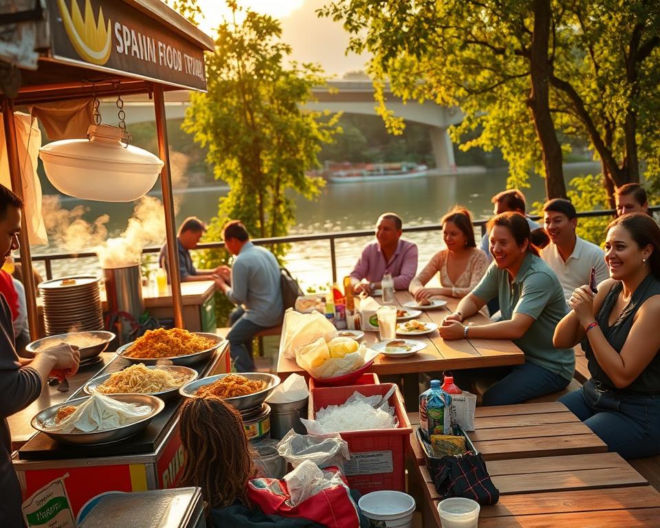 A vibrant street food scene in Kanchanaburi, Thailand, showcasing a bustling outdoor market. In the foreground, a vendor prepares traditional dishes like pad thai and mango sticky rice on a colorful food cart, with steam rising and fresh ingredients prominently displayed. In the middle ground, enthusiastic patrons enjoy their meals at wooden tables, dressed in modest casual clothing, with smiles and laughter creating a lively atmosphere. The background features lush greenery and the tranquil River Kwai, bathed in the warm glow of golden hour sunlight. The scene captures the essence of local culture, community, and culinary delights, conveying a sense of joy and vibrancy in this picturesque setting. The composition should be well-balanced, with a slightly elevated angle to encompass the lively surroundings.