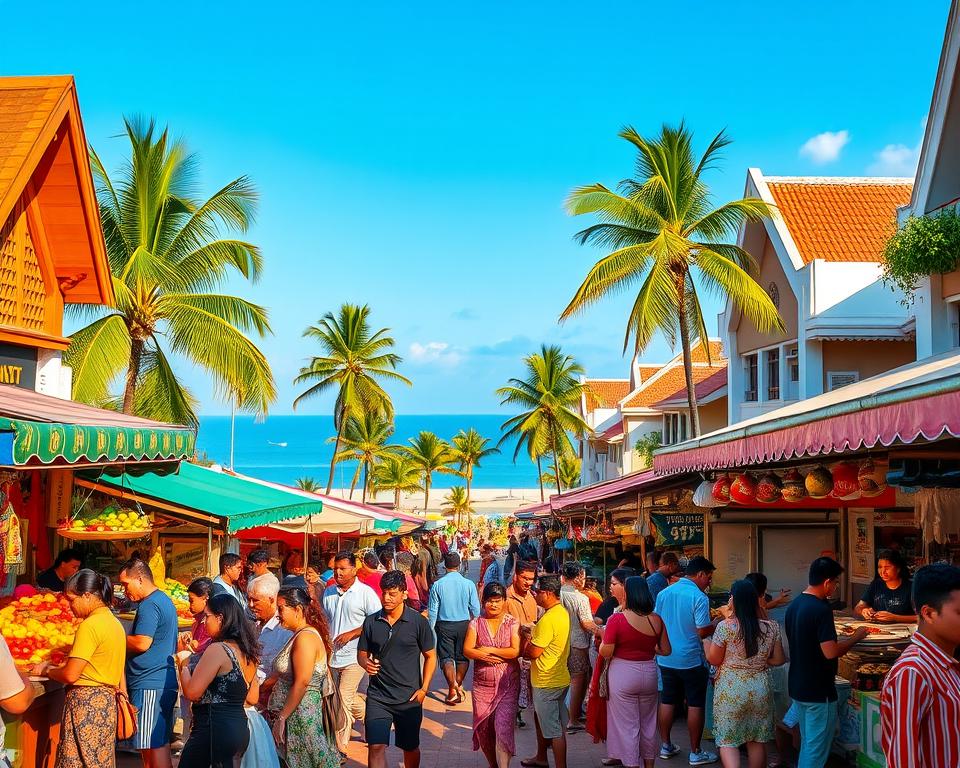 A vibrant street scene in Hua Hin showcasing a lively outdoor food market. In the foreground, a diverse group of people, dressed in modest, casual clothing, are enjoying various Thai dishes from colorful food stalls. The middle section features stalls adorned with fresh fruits, aromatic spices, and sizzling street foods, all under decorative canopies. The background showcases traditional Thai architecture and lush palm trees, with a beach visible in the distance under a clear blue sky. The scene is illuminated by warm, golden sunlight, casting soft shadows and enhancing the inviting atmosphere. The overall mood is festive and cheerful, capturing the essence of Hua Hin's culinary delights.