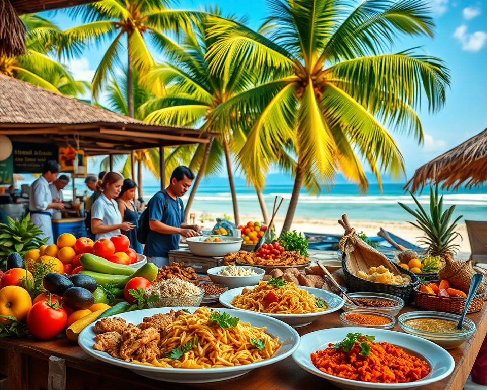 A vibrant tropical scene showcasing culinary discoveries on a Thai island, featuring a colorful outdoor market filled with exotic fruits, fresh seafood, and aromatic spices. In the foreground, a beautifully arranged table presents a variety of traditional Thai dishes, such as Pad Thai and green curry, garnished with fresh herbs. The middle ground includes local chefs in modest casual clothing, passionately preparing food while interacting with visitors. The background reveals lush palm trees against a bright blue sky, with gentle waves lapping at the shore. Warm, natural lighting enhances the scene, creating an inviting and lively atmosphere. Capture the essence of culinary exploration, highlighting the beauty and diversity of Thai island cuisine.