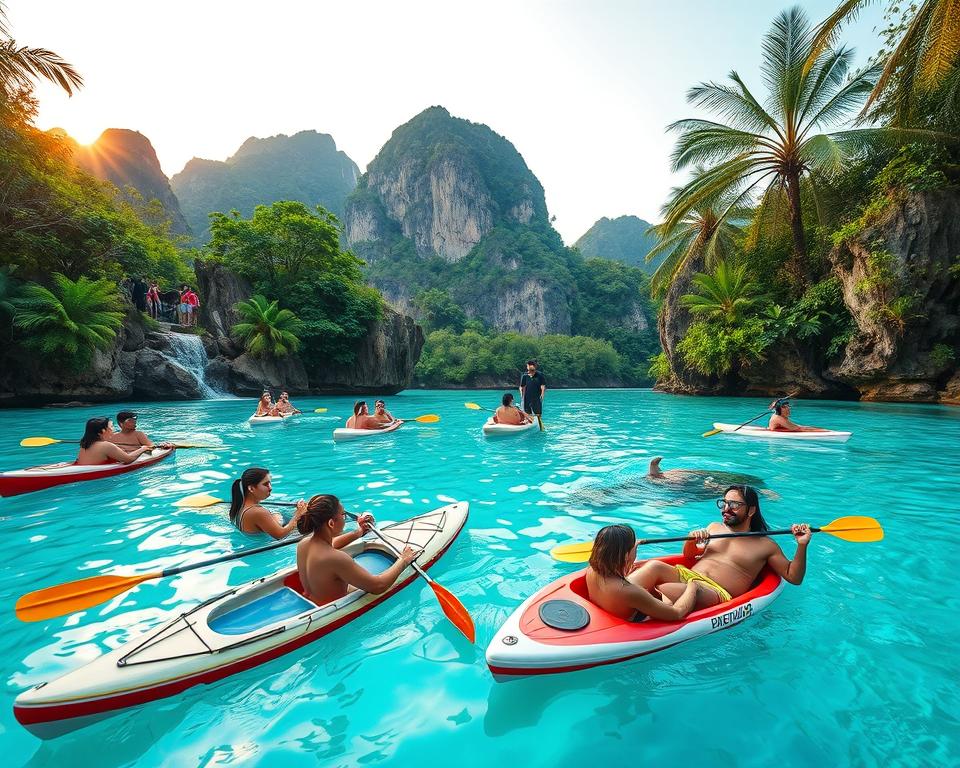 A vibrant tropical scene showcasing various activities on Thailand's islands, emphasizing exploration beyond the beach. In the foreground, a group of tourists wearing modest casual clothing enjoys kayaking in crystal-clear turquoise waters, immersed in the beauty of the surroundings. In the middle ground, diverse participants engage in snorkeling, revealing a rich underwater world filled with colorful coral and fish. Nearby, a local guide leads a small hiking group along a shaded jungle trail, showcasing the island's lush greenery and exotic flora. The background features dramatic limestone cliffs and a soft, glowing sunset casting warm golden and orange hues across the sky. The mood is adventurous and tranquil, capturing the essence of discovering Thailand's islands beyond their renowned beaches. Use a wide-angle lens to enhance the expansive view and create a sense of immersion.