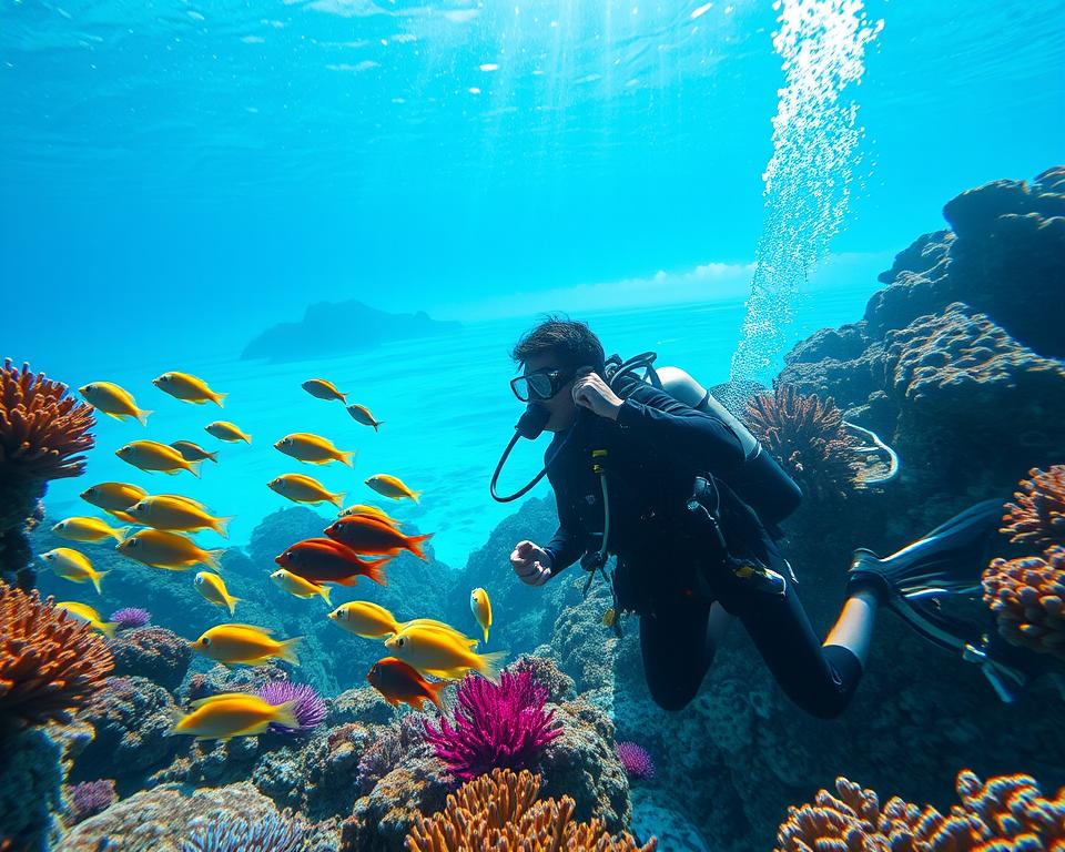 A vibrant underwater scene depicting the breathtaking beauty of Thailand's coral reefs, showcasing a professional diver in modest scuba gear examining the colorful marine life. In the foreground, the diver is interacting with a schools of bright fish, surrounded by stunning corals in various hues. The middle ground features a sunlit underwater landscape with rays of light filtering down, enhancing the vivid colors of the ecosystem. In the background, glimpses of nearby islands can be seen, with gentle waves lapping at the shores. The atmosphere is serene and inviting, capturing the essence of aquatic adventure in Thailand. The lighting is bright yet soft, emphasizing the clarity of the water, while the overall composition conveys a sense of exploration and professionalism in diving. A vibrant underwater scene depicting the breathtaking beauty of Thailand's coral reefs, showcasing a professional diver in modest scuba gear examining the colorful marine life. In the foreground, the diver is interacting with a schools of bright fish, surrounded by stunning corals in various hues. The middle ground features a sunlit underwater landscape with rays of light filtering down, enhancing the vivid colors of the ecosystem. In the background, glimpses of nearby islands can be seen, with gentle waves lapping at the shores. The atmosphere is serene and inviting, capturing the essence of aquatic adventure in Thailand. The lighting is bright yet soft, emphasizing the clarity of the water, while the overall composition conveys a sense of exploration and professionalism in diving.