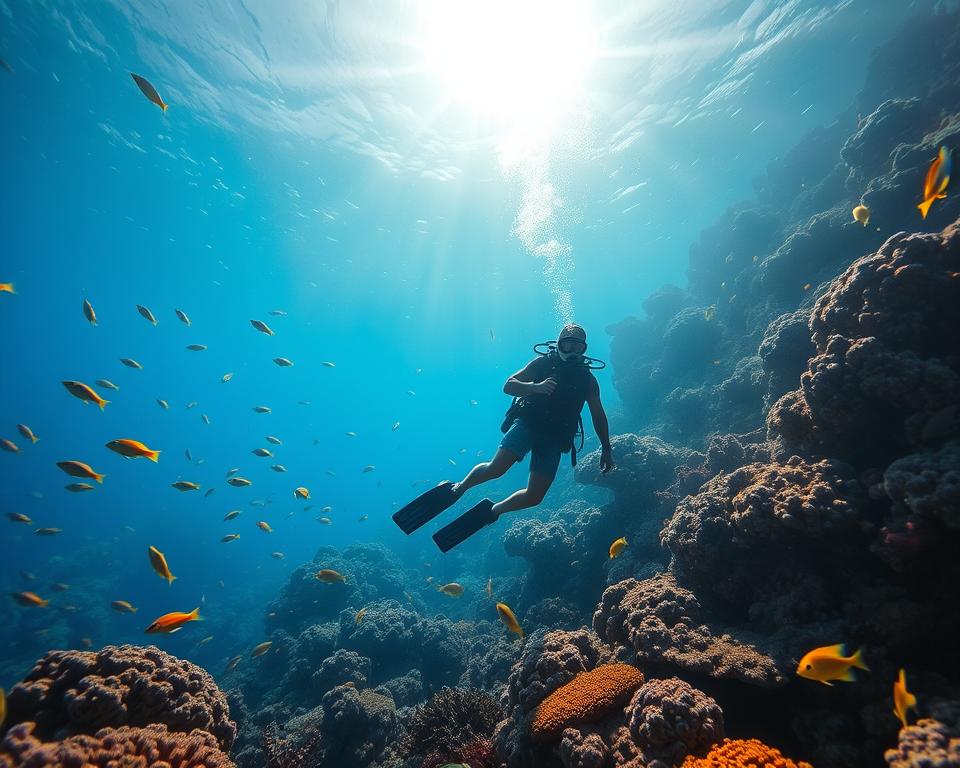 A vibrant, underwater scene showcasing a serene coral reef in Thailand, filled with diverse marine life swimming gracefully among colorful corals. In the foreground, a professional diver in modest casual clothing explores the underwater landscape, equipped with essential diving gear. The middle of the image highlights a sunbeam filtering through the water, illuminating schools of fish and the rich textures of the coral. The background features soft gradients of blue, enhancing the tranquility of the setting, evoking a sense of adventure and exploration. The overall mood conveys peace and excitement, inviting viewers to discover the beauty of diving in Thailand while emphasizing the importance of energy-efficient choices. The lighting should be bright yet soft, mimicking natural sunlight to create an inviting atmosphere suitable for all audiences. A vibrant, underwater scene showcasing a serene coral reef in Thailand, filled with diverse marine life swimming gracefully among colorful corals. In the foreground, a professional diver in modest casual clothing explores the underwater landscape, equipped with essential diving gear. The middle of the image highlights a sunbeam filtering through the water, illuminating schools of fish and the rich textures of the coral. The background features soft gradients of blue, enhancing the tranquility of the setting, evoking a sense of adventure and exploration. The overall mood conveys peace and excitement, inviting viewers to discover the beauty of diving in Thailand while emphasizing the importance of energy-efficient choices. The lighting should be bright yet soft, mimicking natural sunlight to create an inviting atmosphere suitable for all audiences.