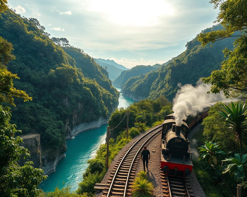 A vintage steam train traverses the iconic Death Railway, surrounded by lush green hills and dense tropical foliage. In the foreground, the train emits a plume of steam, evoking a sense of nostalgia. The middle ground features the railway track winding around dramatic cliffs, with the turquoise waters of the River Kwai glistening below. In the background, the rising mountains create a stunning panorama, partially shrouded in mist, emphasizing the region's natural beauty. The scene is illuminated by soft, golden sunlight filtering through the trees, casting gentle shadows and creating a serene atmosphere. Capture this moment from a slightly elevated angle to highlight the train's path and the breathtaking landscape, evoking a sense of adventure and historical significance.