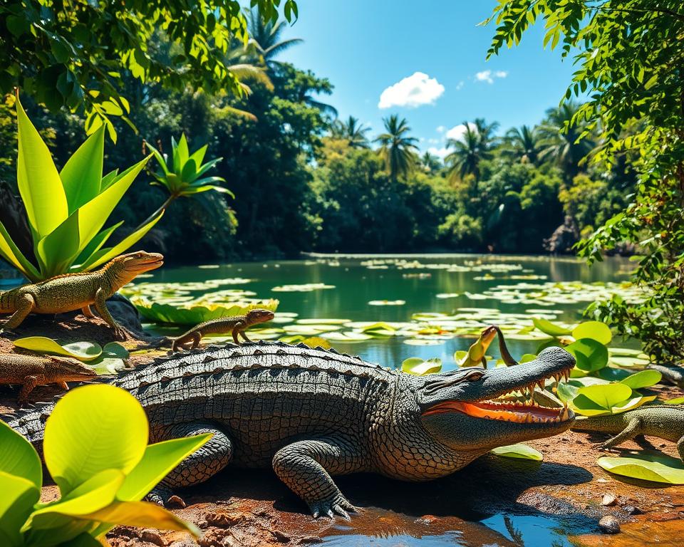 A vivid scene depicting crocodiles and various reptiles in their natural habitat in Thailand. In the foreground, a large, scaled crocodile basking on a sunlit riverbank, its textured skin glistening in bright sunlight. Surrounding the crocodile, smaller reptiles like colorful chameleons and sleek monitor lizards blend into the lush greenery of tropical plants. In the middle ground, a serene lake reflects the vivid blue sky, with lily pads floating gently. The background features dense jungle foliage, hinting at the diverse wildlife hidden within. The lighting is bright and natural, suggesting a hot, sunny day, with shadows softly cast. The mood is a mix of serene beauty and a hint of danger, showcasing the fascinating yet dangerous wildlife of Thailand.