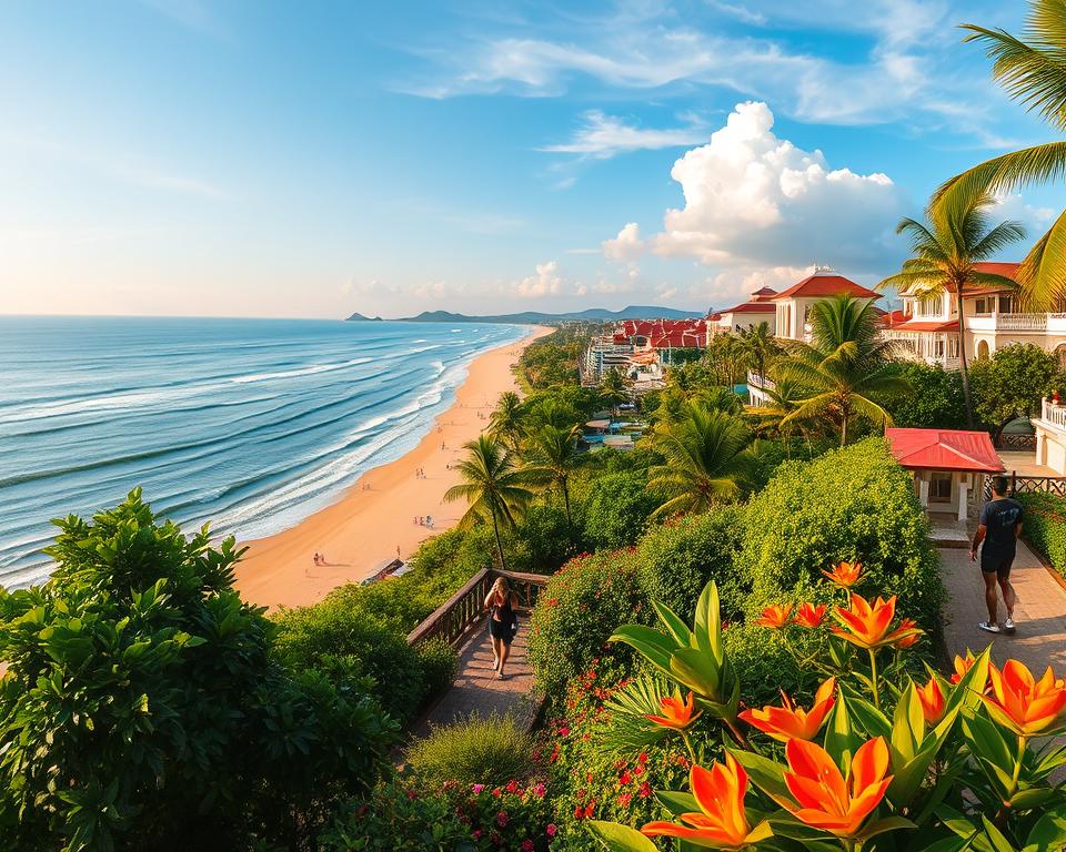 Breathtaking view of Hua Hin, Thailand during the ideal travel season, showcasing lush greenery and vibrant tropical flowers in the foreground, interspersed with comfortable, modestly dressed tourists enjoying the sunny weather. In the middle ground, picturesque beach resorts with elegantly designed architecture sit along the serene coastline, where gentle waves lap against the golden sandy beach. The background features a clear blue sky with soft, fluffy clouds, emphasizing a warm and inviting atmosphere. The scene is bathed in soft, golden sunlight, creating an idyllic tropical feel, captured with a wide-angle lens to encompass both the lively beach and the tranquil sea. This image evokes a sense of relaxation and adventure, perfect for illustrating the beauty and highlights of Hua Hin's best travel season.